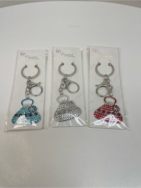 Bag Charms Rhinestone Purse Keychains - Blue, Silver , Red Set of 3